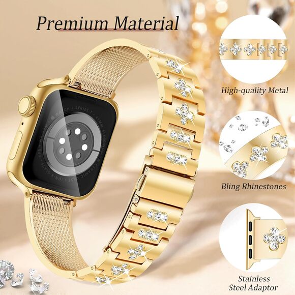 New Newlibery Gold Toned 38mm Four Leaf Clover Apple iWatch Replacement Band - Picture 5 of 8